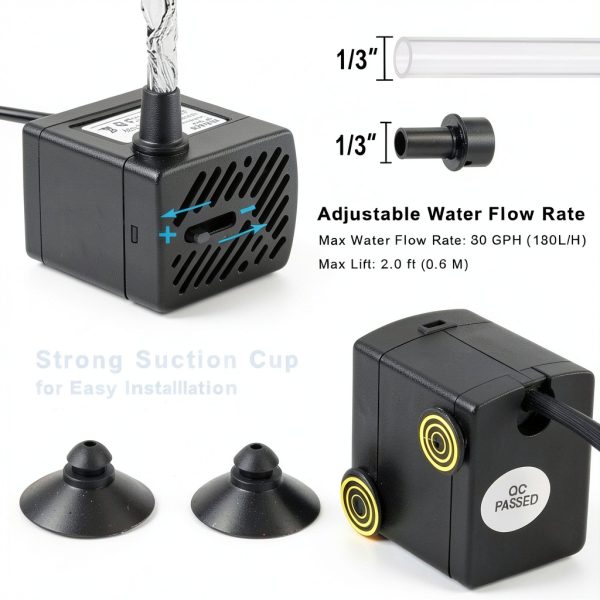 PULACO 2Pcs Mini Fountain Pump (50GPH 3W), Ultra Quiet Submersible Water Pump for Aquarium, Small Fish Tank, Pet Water Fountain, Tabletop Fountains, Water gardens and Hydroponic Systems-4