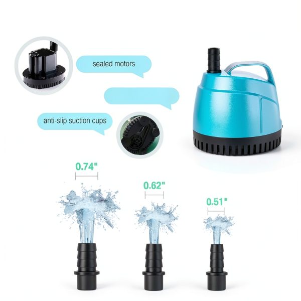 450GPH Quiet Submersible Pump WUCIOOO 1700L/H 6.5ft Lift 3 Nozzles-2